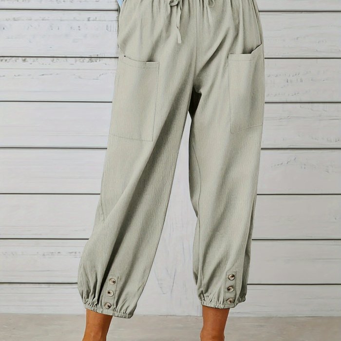 Wide Leg Capri Pants, Loose Casual Drawstring Waist Pants, Women's Clothing