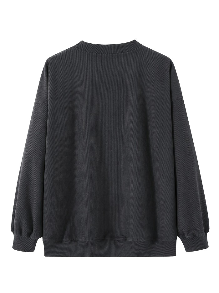 Solid Ribbed Round Neck Pullover Sweatshirt, Casual Long Sleeve Sweatshirt For Fall & Winter, Women's Clothing