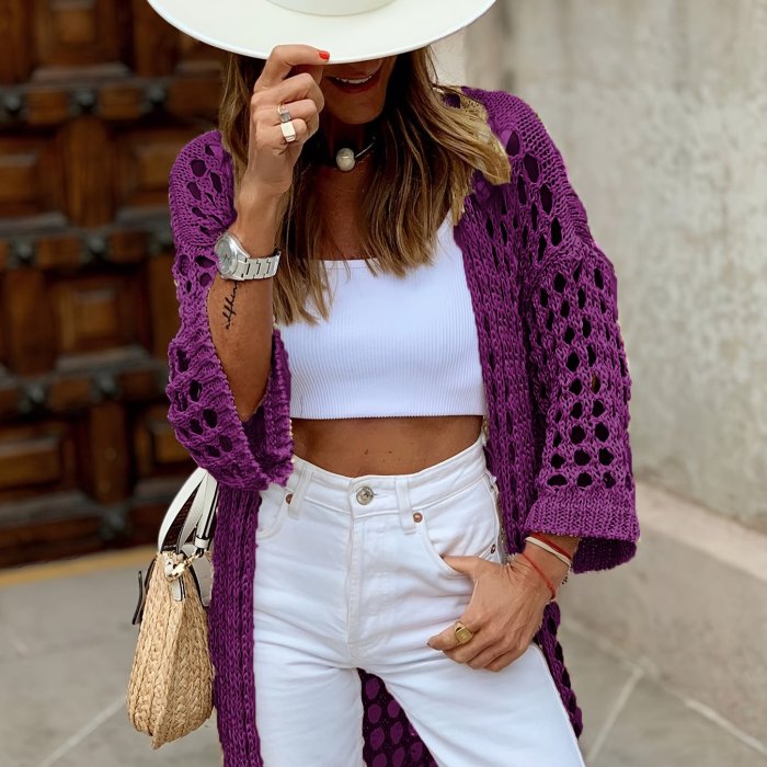 Solid Cut Out Crochet Cardigan, Casual Open Front Long Length Cardigan For Spring & Fall, Women's Clothing