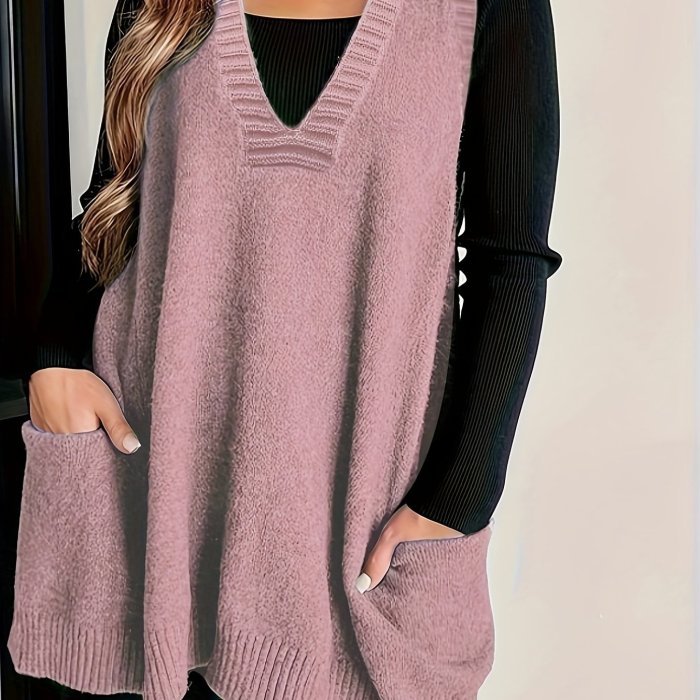 Plus Size Solid Pockets Sweater Vest, Casual V Neck Sleeveless Vest, Women's Plus Size Clothing
