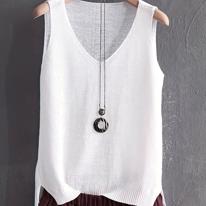 Solid Color V-neck Sweater Vest, Casual Sleeveless Split Hem Vest For Spring & Fall, Women's Clothing