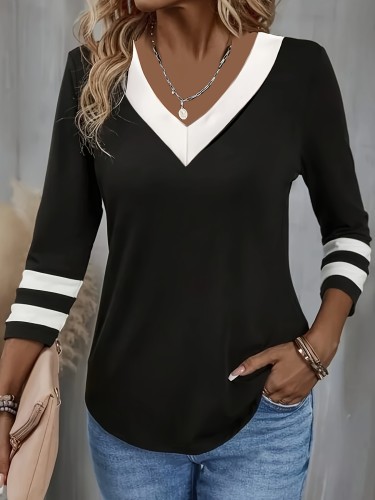 Contrast Trim V Neck T-shirt, Casual 3\u002F4 Sleeve Top For Spring & Fall, Women's Clothing