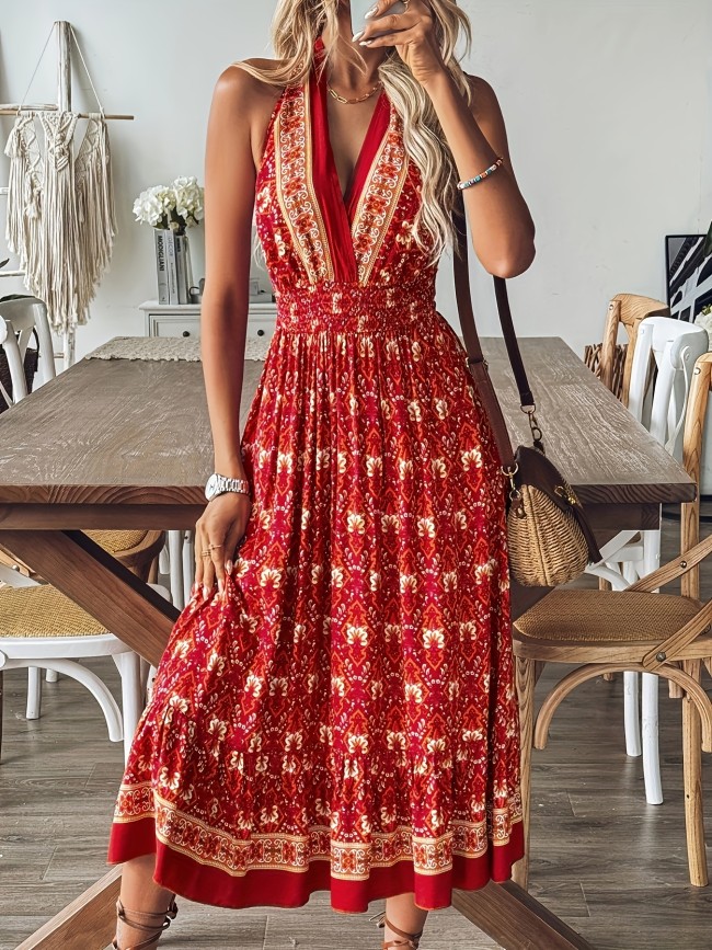 Tribal Allover Print Backless Halter Dress, Vacation Sleeveless Tie Back Waist Dress, Women's Clothing