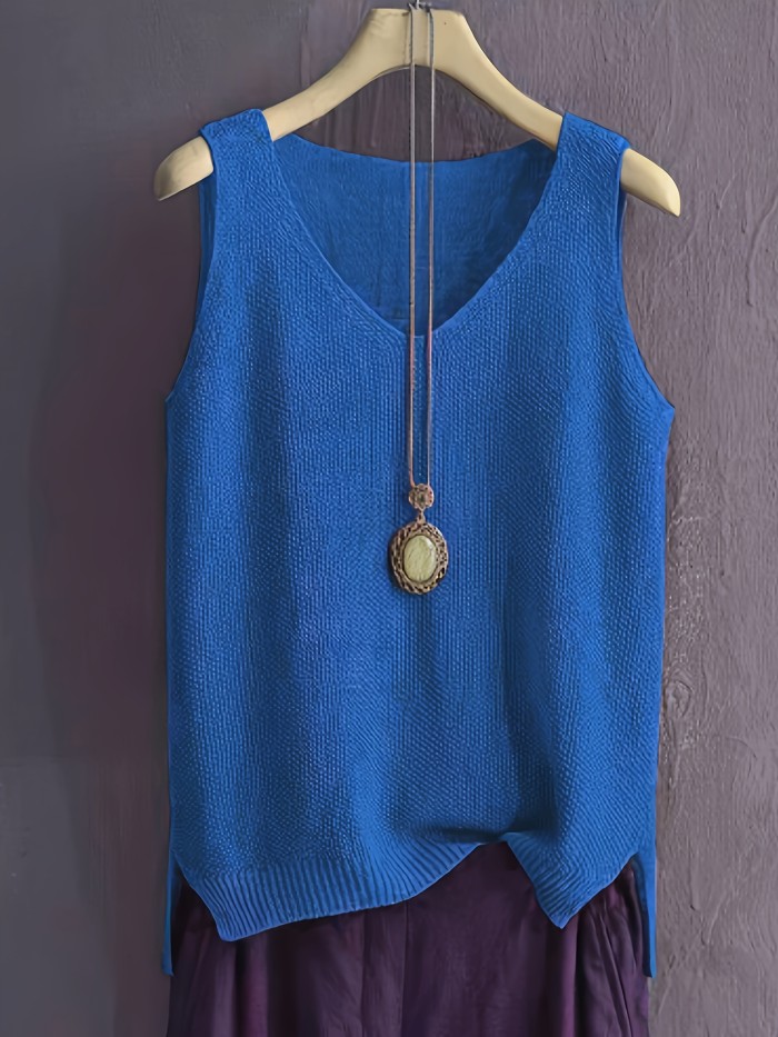 Solid Color V-neck Sweater Vest, Casual Sleeveless Split Hem Vest For Spring & Fall, Women's Clothing