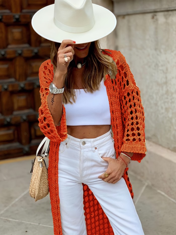 Solid Cut Out Crochet Cardigan, Casual Open Front Long Length Cardigan For Spring & Fall, Women's Clothing
