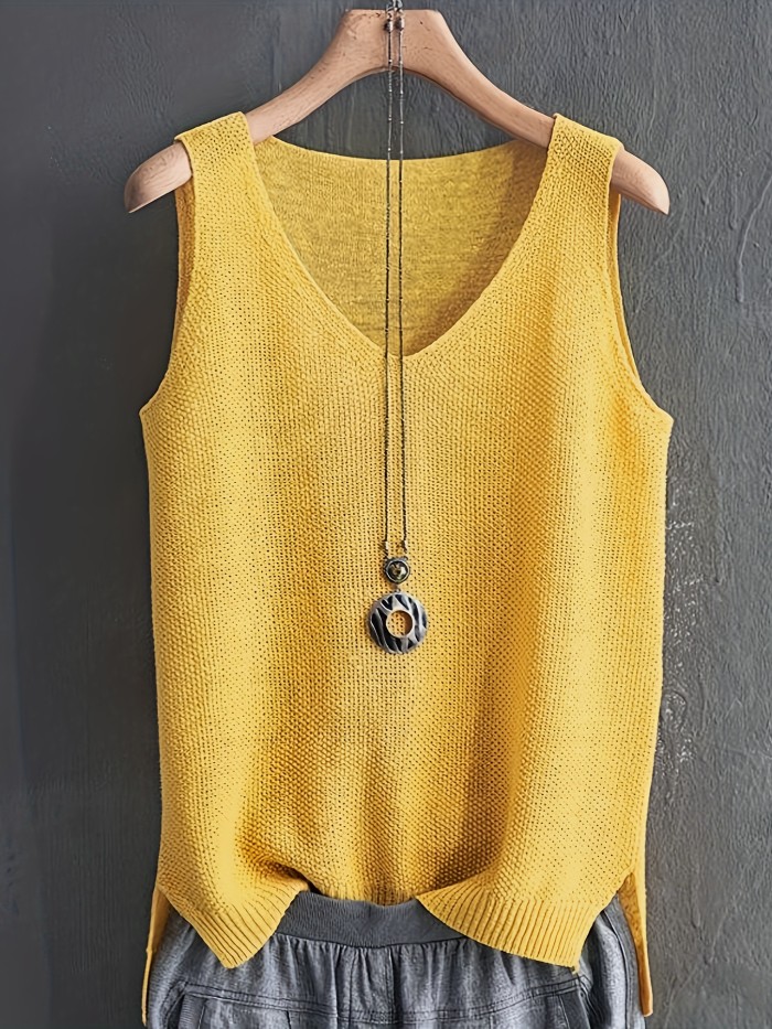 Solid Color V-neck Sweater Vest, Casual Sleeveless Split Hem Vest For Spring & Fall, Women's Clothing