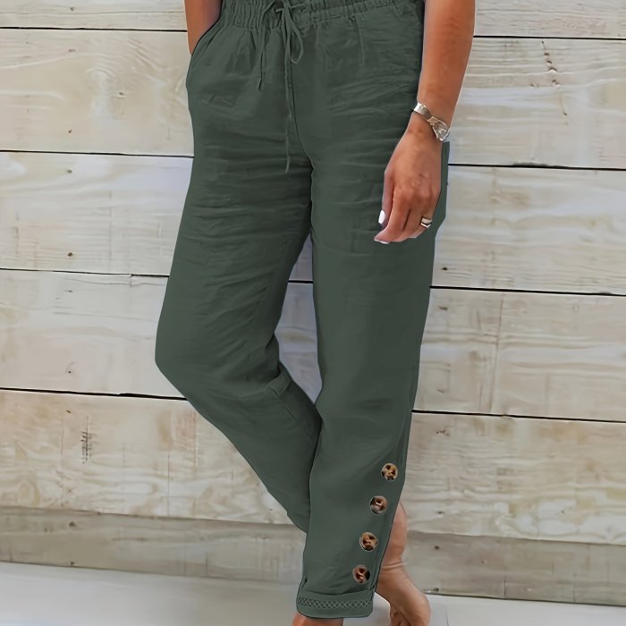 Solid Color Drawstring Waist Cotton Pants, Casual Slant Pocket Button Decor Comfy Pants, Women's Clothing