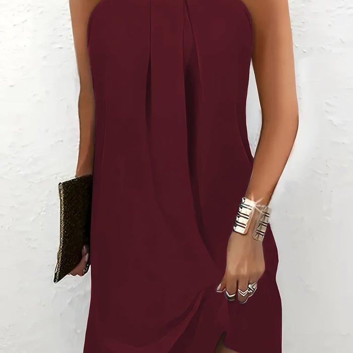 Plus Size Rhinestone Ruched Halter Neck Dress, Casual Sleeveless Dress For Spring & Summer, Women's Plus Size Clothing
