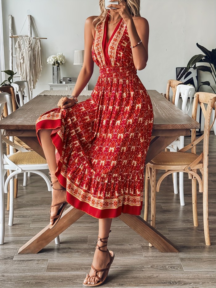 Tribal Allover Print Backless Halter Dress, Vacation Sleeveless Tie Back Waist Dress, Women's Clothing