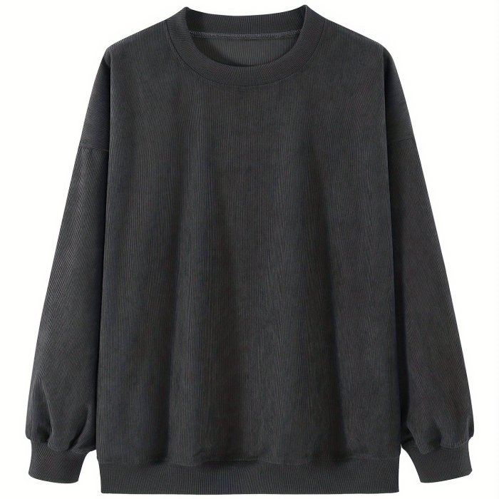 Solid Ribbed Round Neck Pullover Sweatshirt, Casual Long Sleeve Sweatshirt For Fall & Winter, Women's Clothing