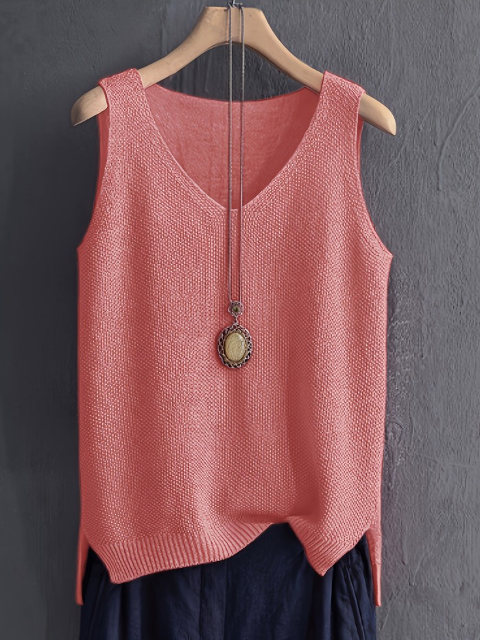 Solid Color V-neck Sweater Vest, Casual Sleeveless Split Hem Vest For Spring & Fall, Women's Clothing