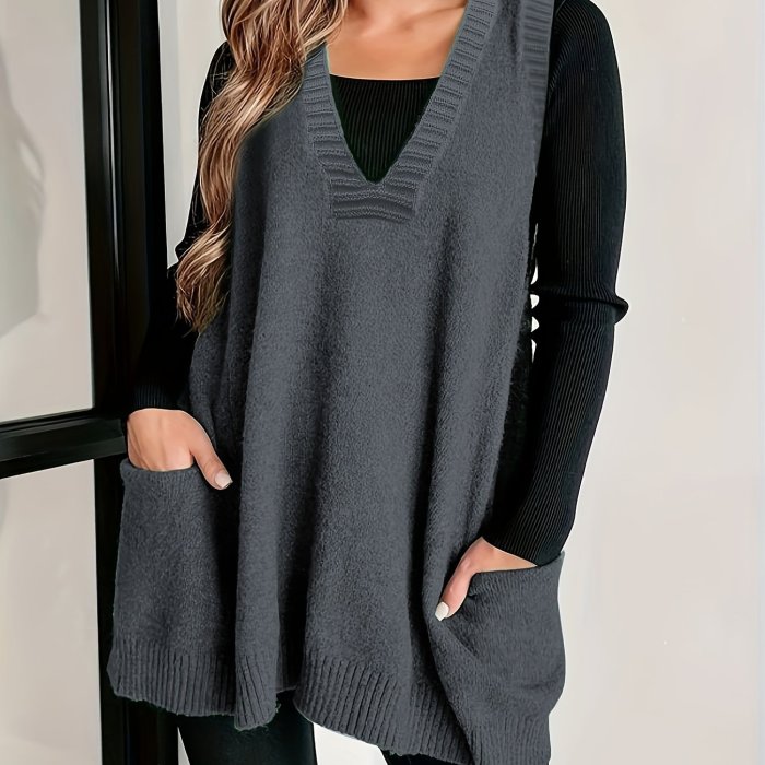 Plus Size Solid Pockets Sweater Vest, Casual V Neck Sleeveless Vest, Women's Plus Size Clothing
