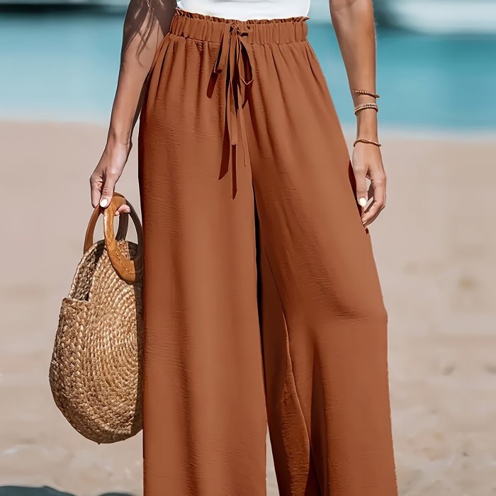 Tie Waist Wide Leg Pants, Casual Solid Color Pants For Spring & Summer, Women's Clothing