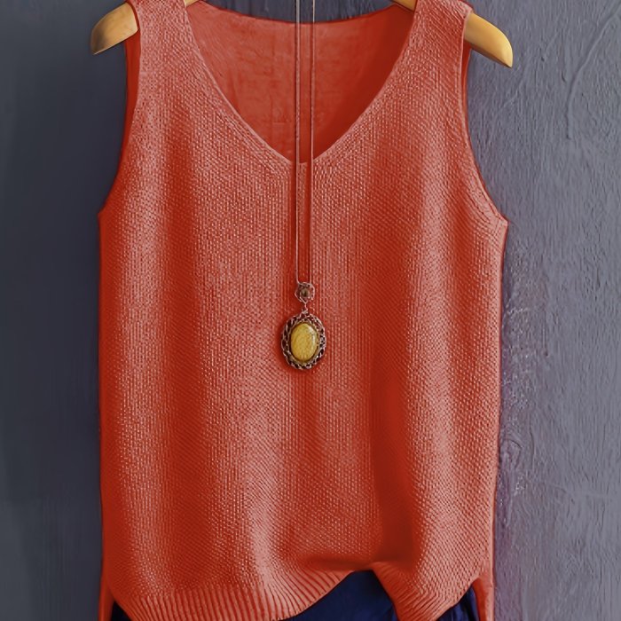 Solid Color V-neck Sweater Vest, Casual Sleeveless Split Hem Vest For Spring & Fall, Women's Clothing