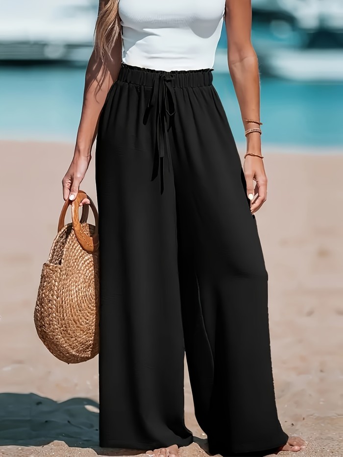 Tie Waist Wide Leg Pants, Casual Solid Color Pants For Spring & Summer, Women's Clothing