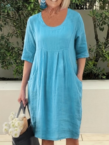 Solid With Pocket Loose Dress, Vacation Half Sleeve Crew Neck Dress, Women's Clothing