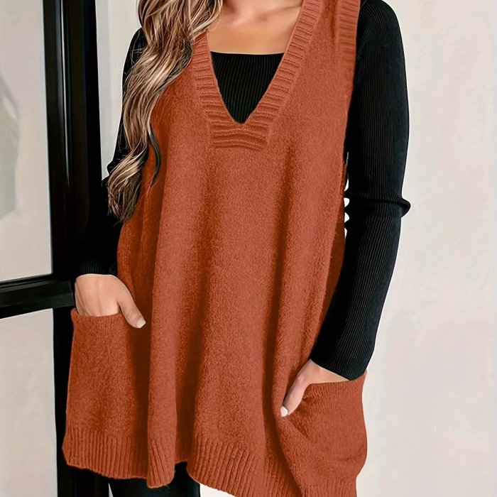 Plus Size Solid Pockets Sweater Vest, Casual V Neck Sleeveless Vest, Women's Plus Size Clothing