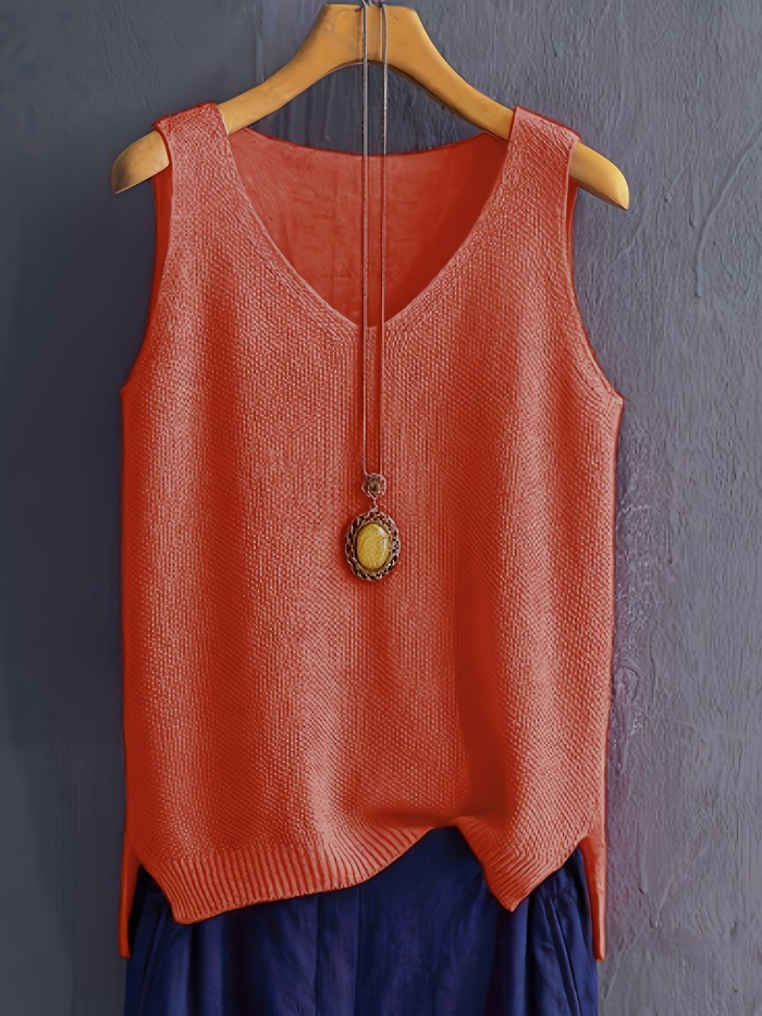 Solid Color V-neck Sweater Vest, Casual Sleeveless Split Hem Vest For Spring & Fall, Women's Clothing