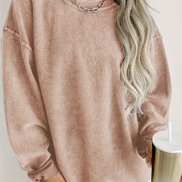 Solid Ribbed Round Neck Pullover Sweatshirt, Casual Long Sleeve Sweatshirt For Fall & Winter, Women's Clothing