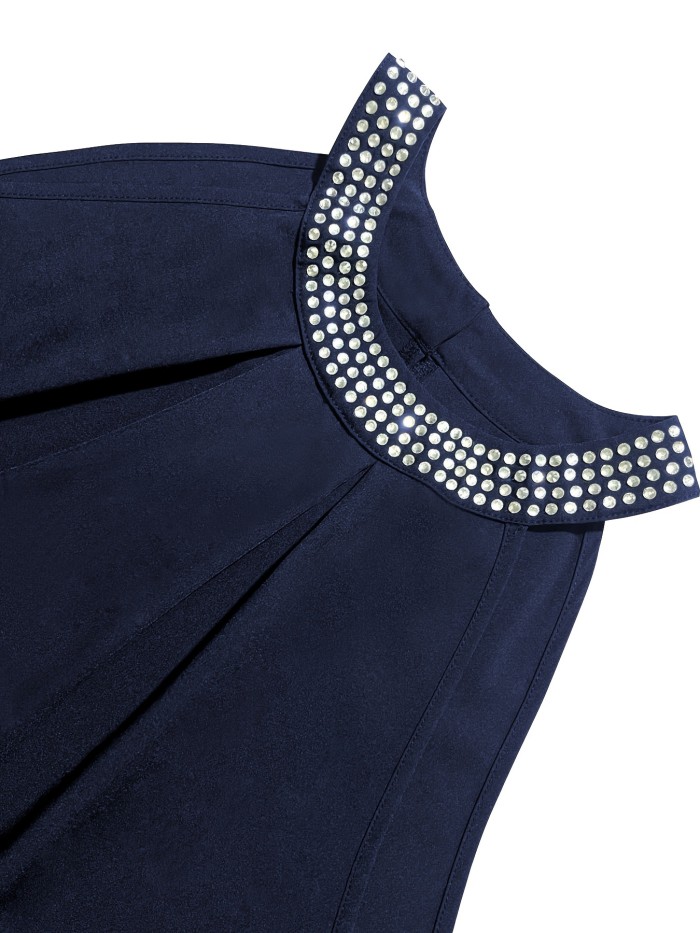 Plus Size Rhinestone Ruched Halter Neck Dress, Casual Sleeveless Dress For Spring & Summer, Women's Plus Size Clothing