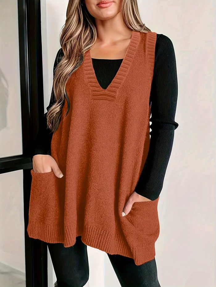 Plus Size Solid Pockets Sweater Vest, Casual V Neck Sleeveless Vest, Women's Plus Size Clothing