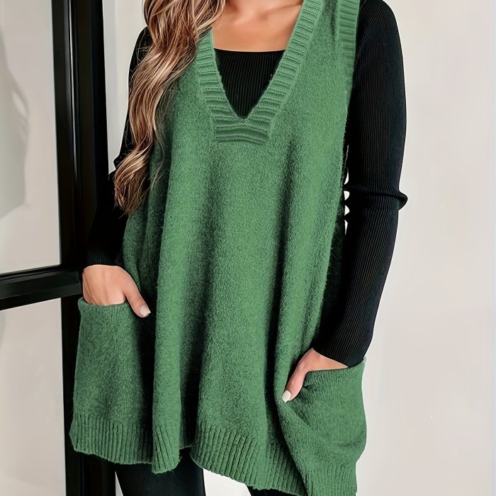 Plus Size Solid Pockets Sweater Vest, Casual V Neck Sleeveless Vest, Women's Plus Size Clothing