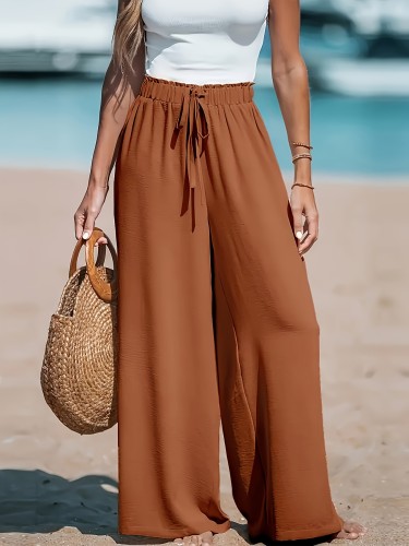 Tie Waist Wide Leg Pants, Casual Solid Color Pants For Spring & Summer, Women's Clothing