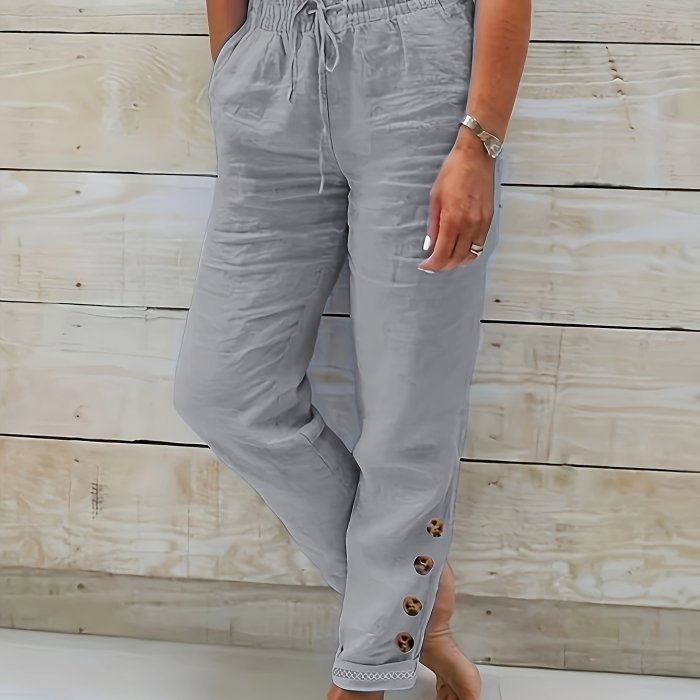 Solid Color Drawstring Waist Cotton Pants, Casual Slant Pocket Button Decor Comfy Pants, Women's Clothing