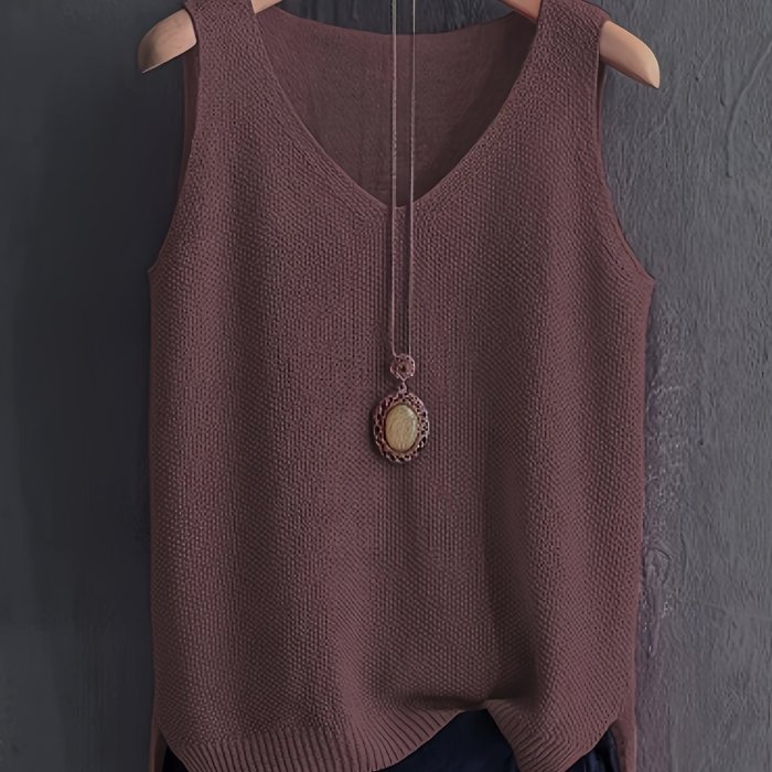 Solid Color V-neck Sweater Vest, Casual Sleeveless Split Hem Vest For Spring & Fall, Women's Clothing