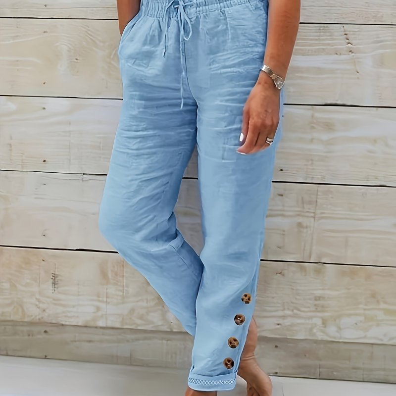 Solid Color Drawstring Waist Cotton Pants, Casual Slant Pocket Button Decor Comfy Pants, Women's Clothing