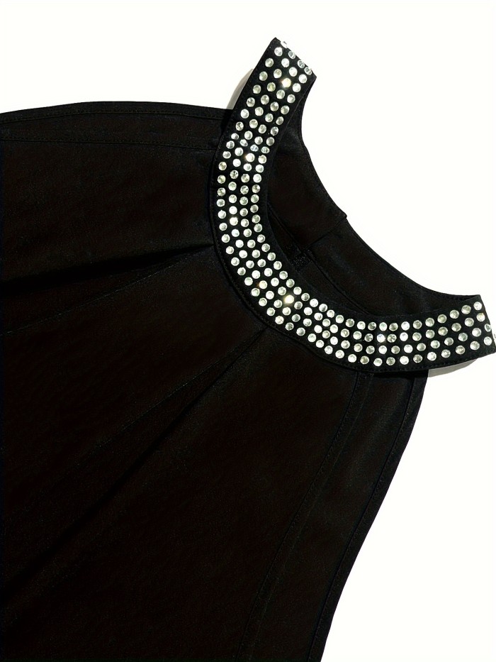 Plus Size Rhinestone Ruched Halter Neck Dress, Casual Sleeveless Dress For Spring & Summer, Women's Plus Size Clothing