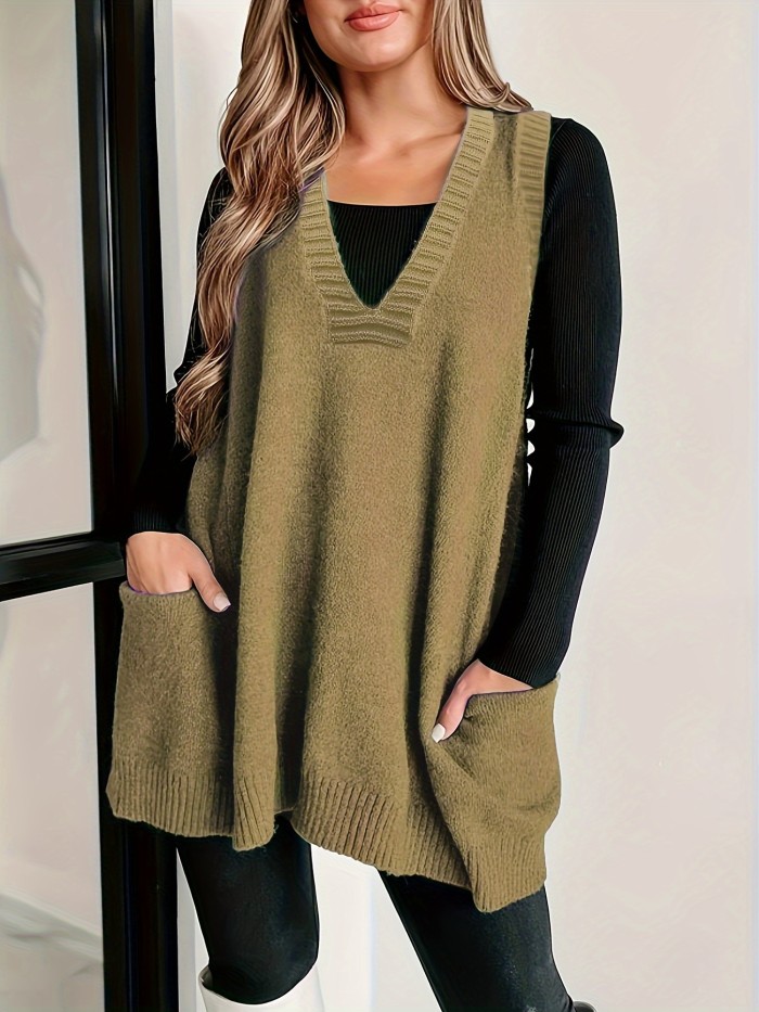 Plus Size Solid Pockets Sweater Vest, Casual V Neck Sleeveless Vest, Women's Plus Size Clothing
