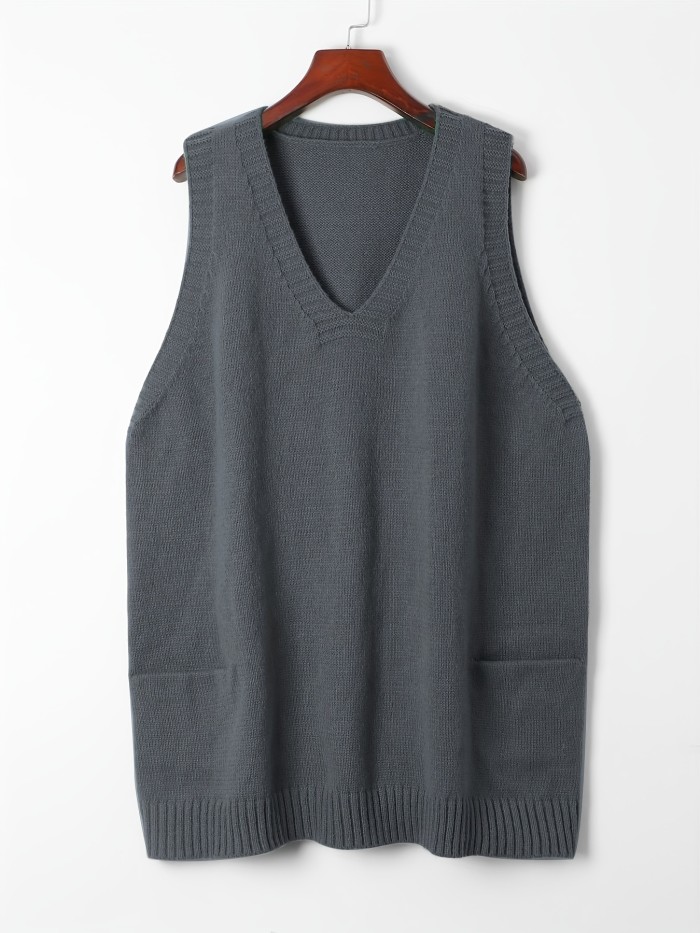 Plus Size Solid Pockets Sweater Vest, Casual V Neck Sleeveless Vest, Women's Plus Size Clothing