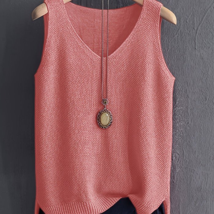 Solid Color V-neck Sweater Vest, Casual Sleeveless Split Hem Vest For Spring & Fall, Women's Clothing