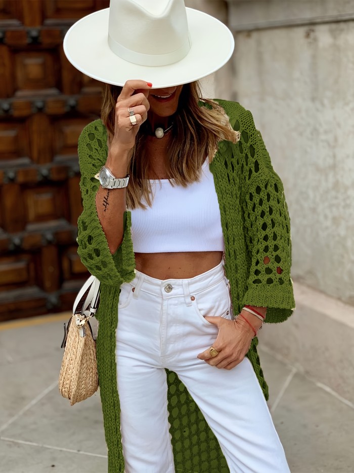 Solid Cut Out Crochet Cardigan, Casual Open Front Long Length Cardigan For Spring & Fall, Women's Clothing