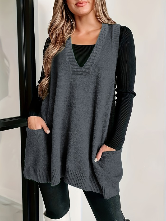 Plus Size Solid Pockets Sweater Vest, Casual V Neck Sleeveless Vest, Women's Plus Size Clothing