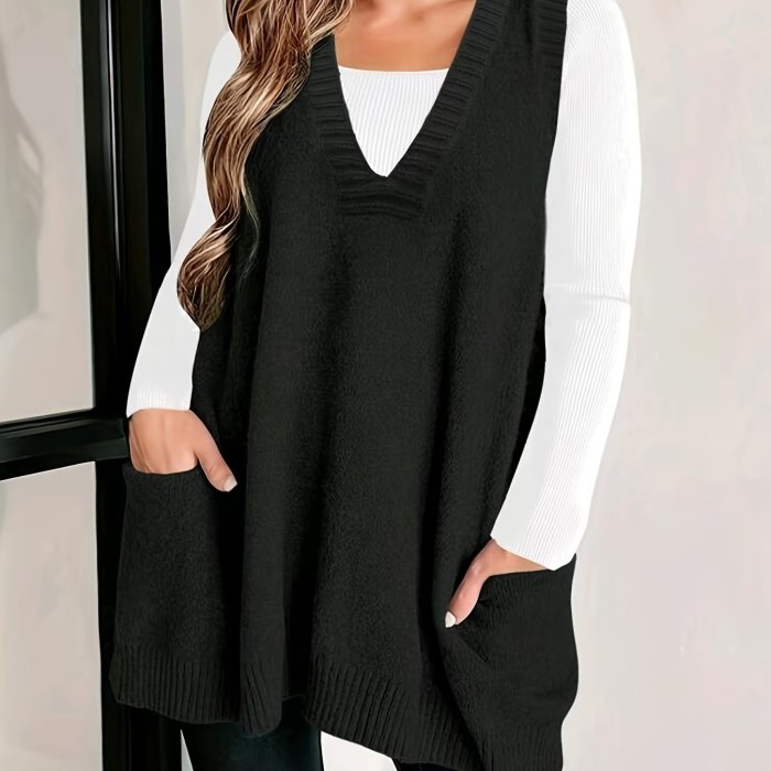 Plus Size Solid Pockets Sweater Vest, Casual V Neck Sleeveless Vest, Women's Plus Size Clothing