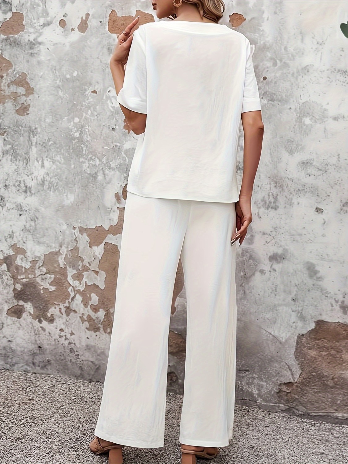 Button Decor Two Piece Set, Short Sleeve Blouse & Wide Leg Split Pants ...