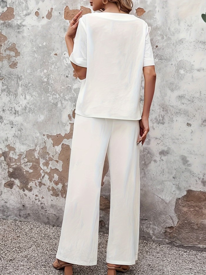 Button Decor Two Piece Set, Short Sleeve Blouse & Wide Leg Split Pants Outfits, Women's Clothing