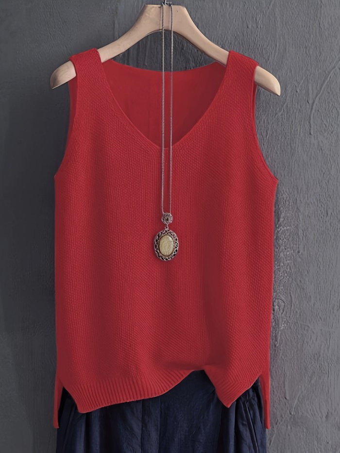 Solid Color V-neck Sweater Vest, Casual Sleeveless Split Hem Vest For Spring & Fall, Women's Clothing
