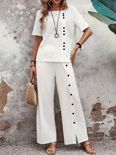Button Decor Two Piece Set, Short Sleeve Blouse & Wide Leg Split Pants Outfits, Women's Clothing