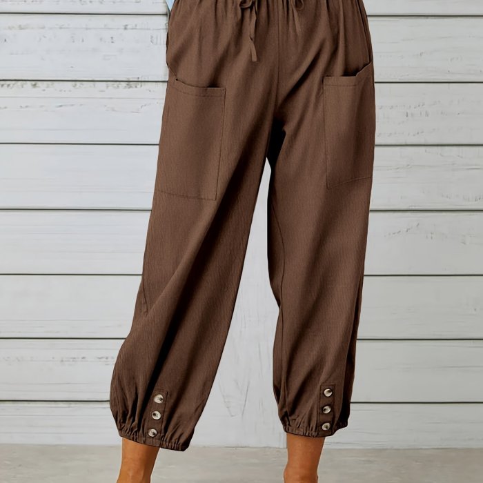 Wide Leg Capri Pants, Loose Casual Drawstring Waist Pants, Women's Clothing