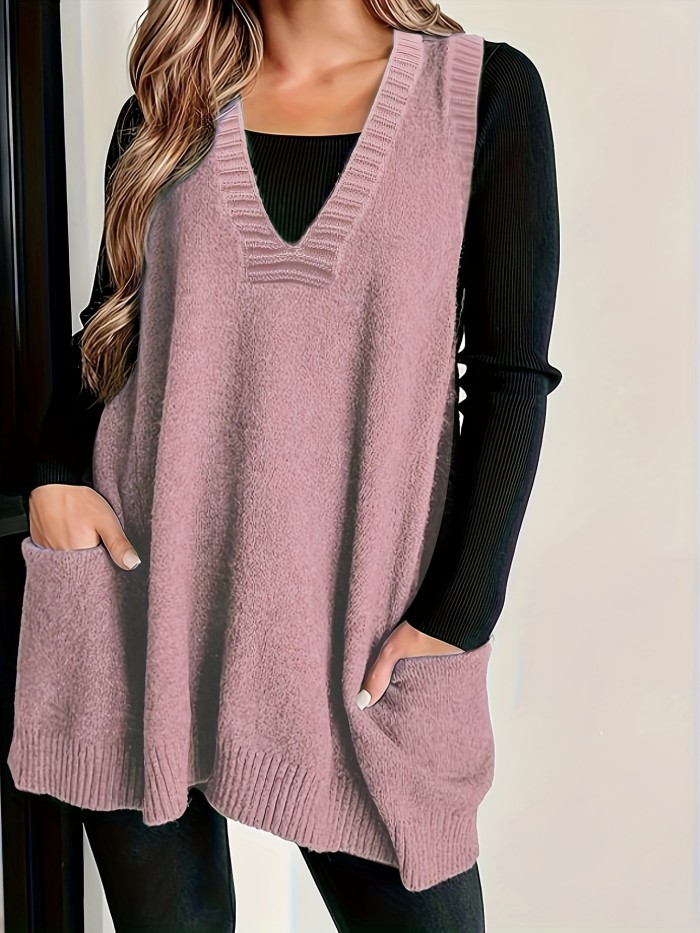 Plus Size Solid Pockets Sweater Vest, Casual V Neck Sleeveless Vest, Women's Plus Size Clothing