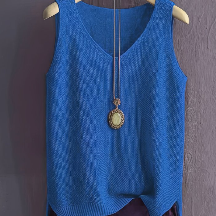 Solid Color V-neck Sweater Vest, Casual Sleeveless Split Hem Vest For Spring & Fall, Women's Clothing