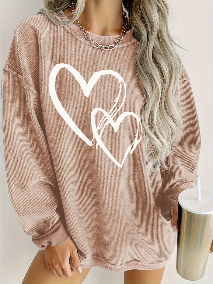 Solid Ribbed Round Neck Pullover Sweatshirt, Casual Long Sleeve Sweatshirt For Fall & Winter, Women's Clothing