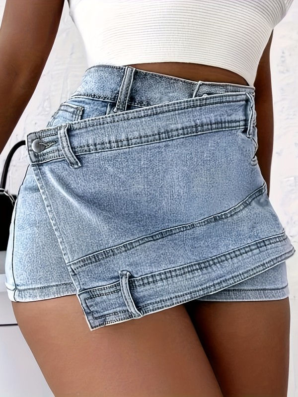 Women's High Waist Denim Skort Shorts, Stylish Crossover Skirt Pants, Summer Casual Style, Light Blue Jean Shorts