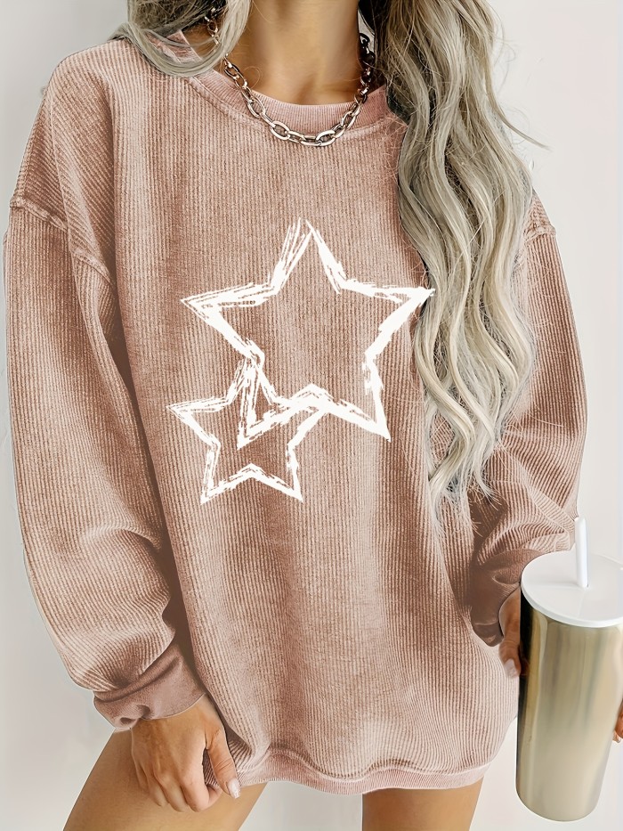 Solid Ribbed Round Neck Pullover Sweatshirt, Casual Long Sleeve Sweatshirt For Fall & Winter, Women's Clothing