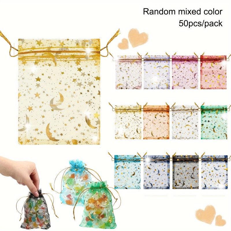50Pcs Moon Star Organza Sheer Jewelry Drawstring Mesh Bags Assorted Colors Fashion Wedding Party Candy Wrap Gift Packaging Bags Bulk For Christmas Birthday Festival Supplies 2.76*3.54inch for eid, ramadan