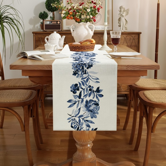 1pc, Boho Table Runner, Blue Flowers Table Runner, Kitchen Dining Table Decoration For Indoor Outdoor Home Party Decor