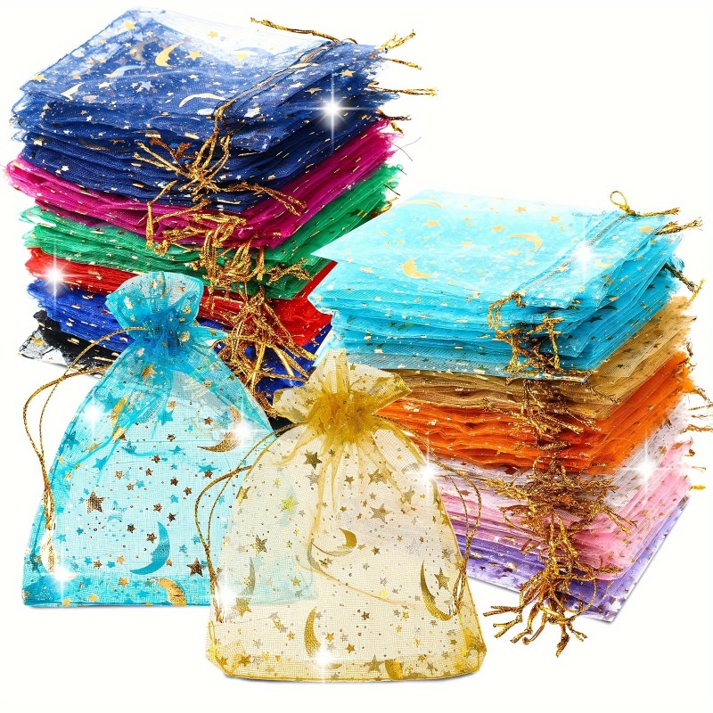 50Pcs Moon Star Organza Sheer Jewelry Drawstring Mesh Bags Assorted Colors Fashion Wedding Party Candy Wrap Gift Packaging Bags Bulk For Christmas Birthday Festival Supplies 2.76*3.54inch for eid, ramadan